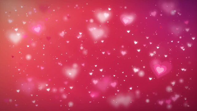 Pink heart bokeh background loop with soft glowing hearts floating on a red gradient