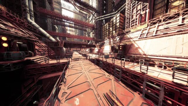 symmetrical maintenance platform leading inward, parallel railings and repeating pipes, precise geometry and industrial composition, cool tones with textured