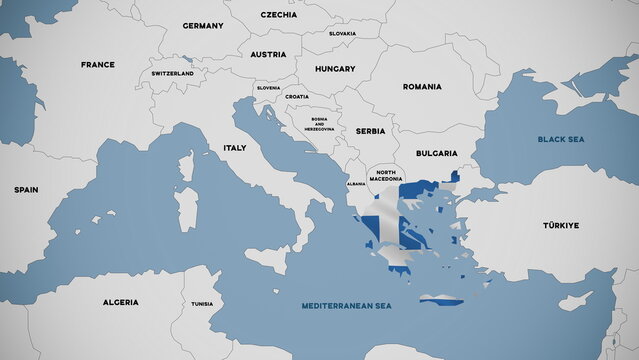 Illustration of a map of Europe with Greece highlighted by the Greek national flag.