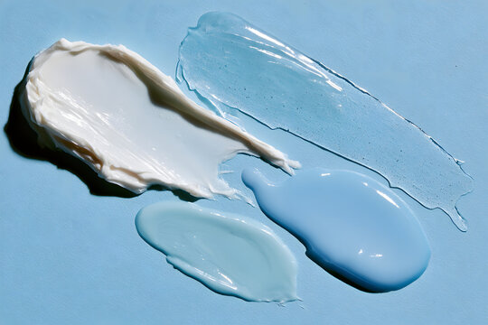 samples of cosmetic care products include cream and gel textures on a light blue background