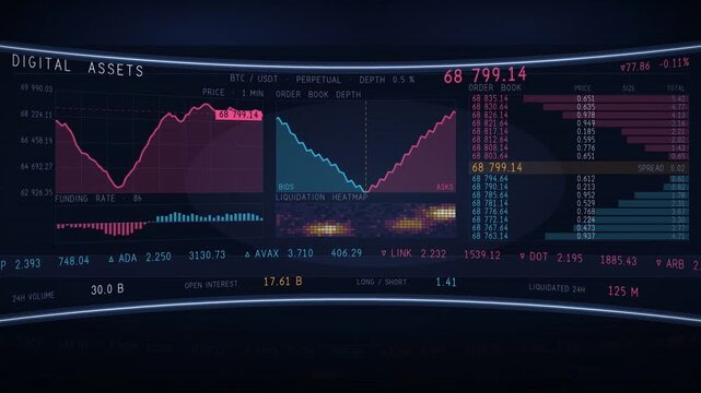 Crypto trading terminal animation with price chart order book depth and liquidation heatmap