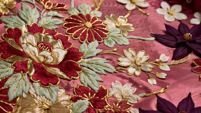Tracking shot of embroidered silk fabric with layered floral applique and gold thread details revealed across studio table under soft studio lighting