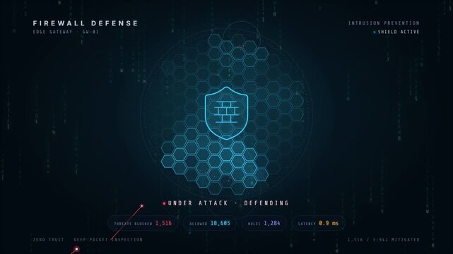 Firewall defense animation with a shield blocking red attacks until the network is secured