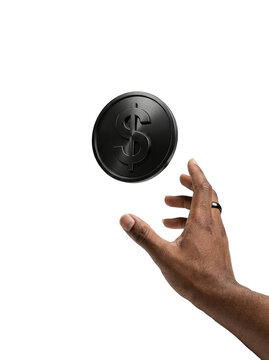 Hand reaching for a black dollar coin, transparent background