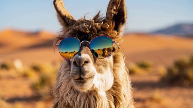 Tracking slow zoom of llama turning head while wearing reflective sunglasses in sunlit desert dunes during golden hour playful relaxed mood
