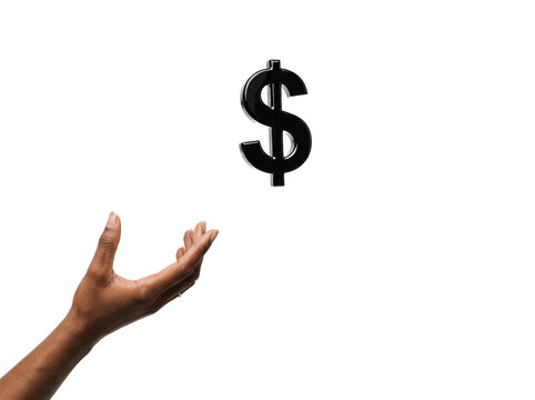 Hand reaching for floating black dollar sign, transparent background
