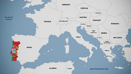 Illustration of a map of Europe with Portugal highlighted by the Portuguese national flag. © Sergey Fedoskin