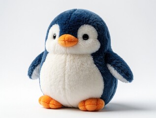 Fototapeta premium Cute blue, white penguin plush toy isolated on white background. Small soft stuffed animal sits front view. Fluffy bird toy for kids gift nursery decor. Adorable character mascot for children play