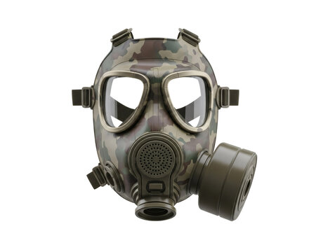 A detailed and realistic 3d rendering of a military-grade gas mask featuring a distinctive camouflage pattern, essential for comprehensive protection against hazardous airborne agents&nbsp;