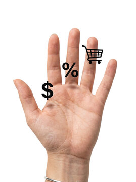 Hand showing shopping and finance icons, transparent background