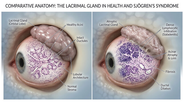 Healthy Salivary Gland Versus Sjogren's Syndrome Lymphocytic Infiltration and Acinar Atrophy