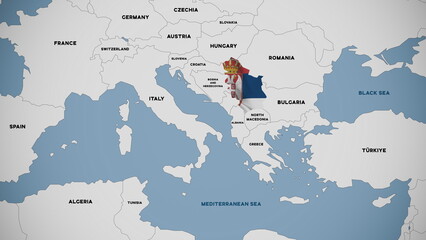 Illustration of a map of Europe with Serbia highlighted by the Serbian national flag. © Sergey Fedoskin