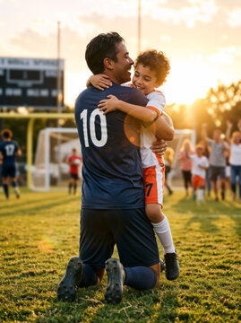Vertical photo of a father and son hugging on a soccer field. Happy man and young boy in sports uniforms celebrating a victory at sunset. Family bonding and youth athletics concept