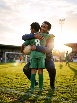 Vertical photo of a smiling Black male coach hugging a young soccer player. Proud father and son celebrating on the field with a ball at sunset. Youth sports and supportive parenting concept