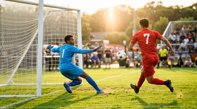 Soccer player in red uniform kicking ball towards the goal. Goalkeeper in blue diving to make a save during a match at sunset. Competitive sports action and athletic performance on grass field