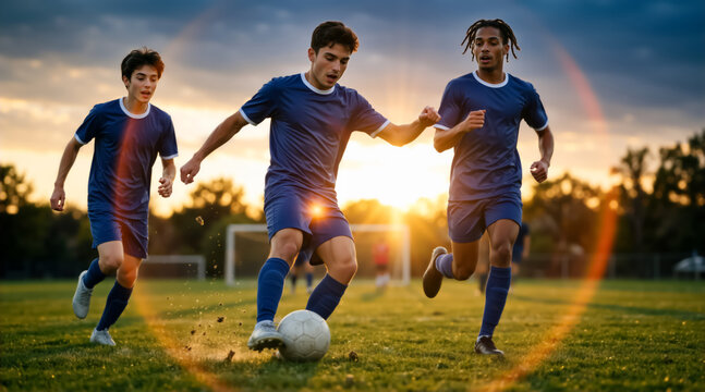 Three young men playing soccer on a grassy field at sunset. Diverse athletes in blue uniforms running with the ball during a match. Active lifestyle and teamwork concept