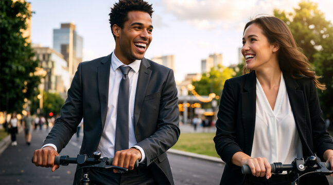Diverse business colleagues riding electric scooters in the city. Happy professional man and woman commuting together in corporate attire. Urban mobility and eco friendly transport concept