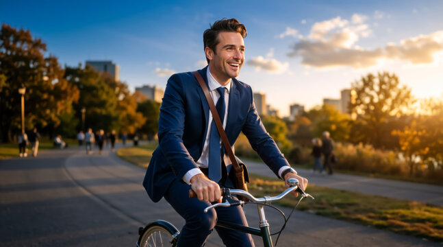 Happy businessman riding a bicycle in a city park at sunset. Smiling male professional commuting to work in a blue suit. Eco friendly transport and active lifestyle concept