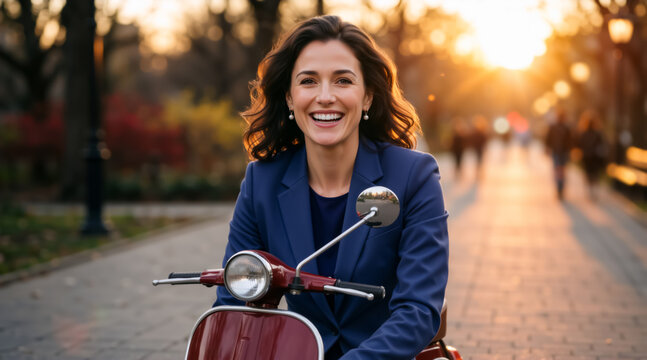 Smiling woman in blue suit riding a red scooter in a park at sunset. Professional female commuting on a motor vehicle during golden hour. Urban lifestyle and transportation concept