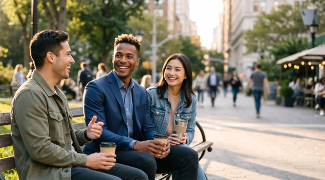 Diverse group of friends talking and drinking coffee on a city bench. Three young adults socializing in an urban park. Multiracial men and woman enjoying a sunny outdoor break