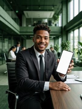 Smiling Black businessman showing blank smartphone screen in modern office. Professional African American man holding mobile phone mockup. Copy space for text