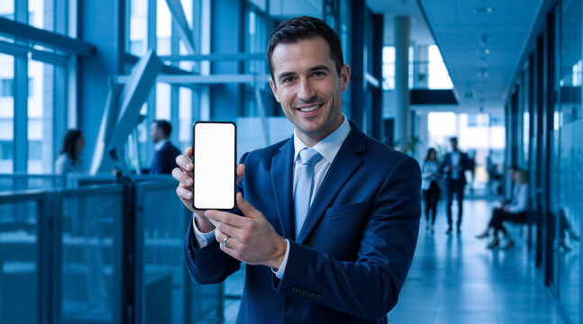 Smiling Caucasian businessman showing blank smartphone screen in modern office hallway. Professional man holding mobile phone mockup. Copy space for text