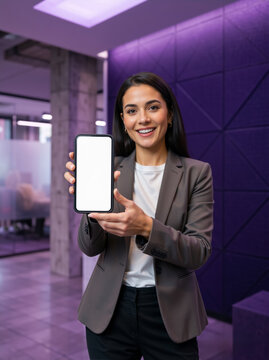 Smiling businesswoman showing a blank smartphone screen in a modern office. Vertical portrait of a professional young woman holding a mobile phone with white copy space for app mockup