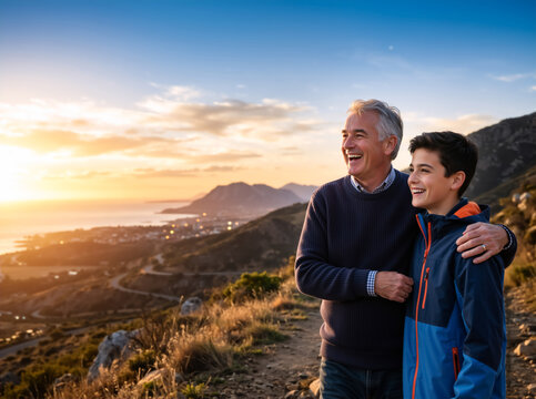 Happy grandfather and grandson looking at the sunset view over the coast. Smiling senior man and young boy enjoying a mountain hike together. Family travel and bonding concept