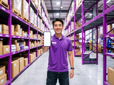 Smiling Asian male warehouse worker holding a smartphone with a blank white screen. Logistics and e-commerce inventory management concept. Mobile app mockup with copy space