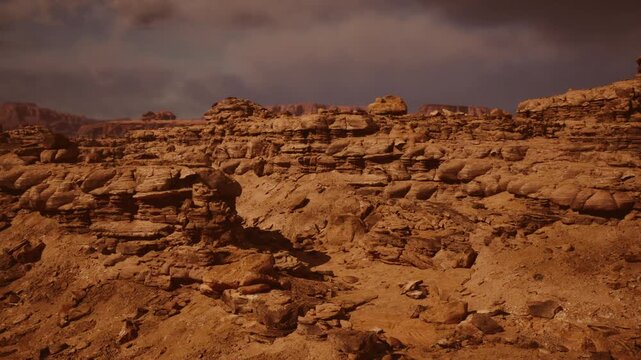 Red rock badlands evoke alien landscape with winderoded pinnacles and copper tones, textured sandstone mounds under dramatic sky, ideal for scifi concept art,