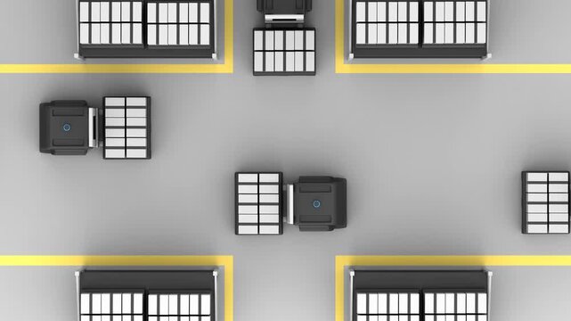 High-angle view animation of many autonomous forklifts moving between warehouse shelves and passing each other.