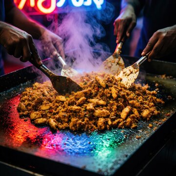 Close up of chef cooking chicken kottu roti on large metal griddle. Hot steam rises from tasty spicy food at Sri Lankan night street stall. Colorful neon lights reflect on sizzling pan under dark