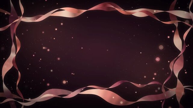 Rose gold ribbon frame background loop with wavy satin streamers and soft sparkles