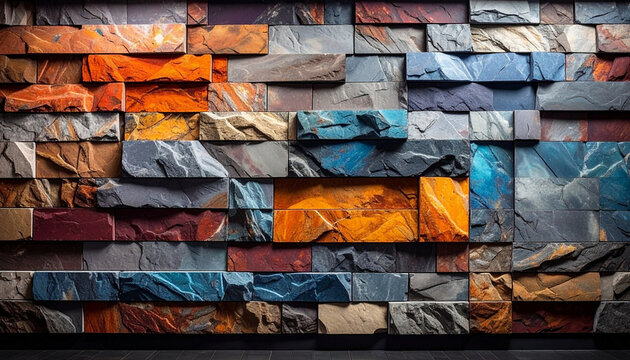 Modern multicolor stone wall made of stacked slate tiles in blue, orange, gray, brown, and burgundy. Rich detailed architectural texture for interior design, masonry, construction, and contemporary.