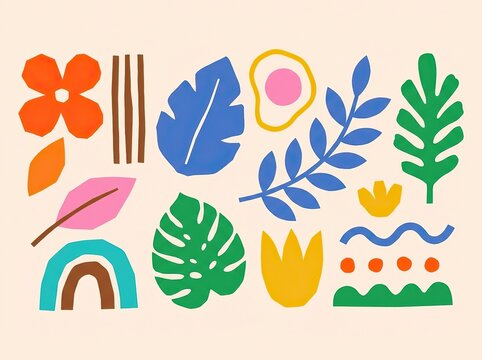 Abstract botanical and geometric shapes set, modern flat vector illustration with colorful leaves, flowers, and organic elements on a light background