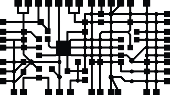 Electronic circuit board vector, black motherboard pcb pattern, digital technology hardware schematic, computer chip trace lines