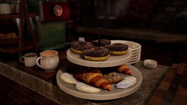 A selection of pastries including donuts and croissants rests on a two tiered stand, complemented by a cup of coffee. The warm atmosphere creates an inviting experience.