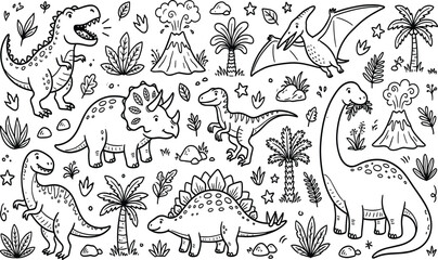 Hand drawn dinosaur doodle set with T-Rex triceratops stegosaurus brachiosaurus pterodactyl volcano and palm trees for kids coloring book design © Milon