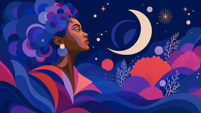 Woman of African descent contemplating a crescent moon in an abstract celestial universe.