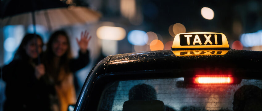 Women hailing a taxi on a rainy night city street