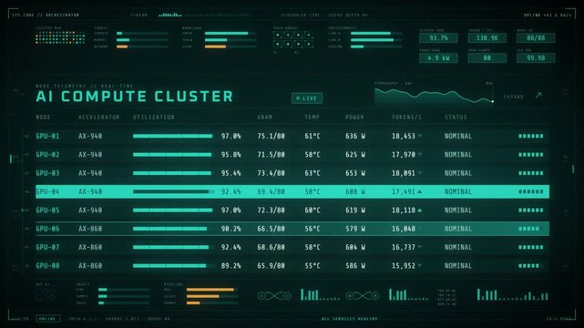 AI compute cluster dashboard animation with GPU node telemetry and thermal alert status