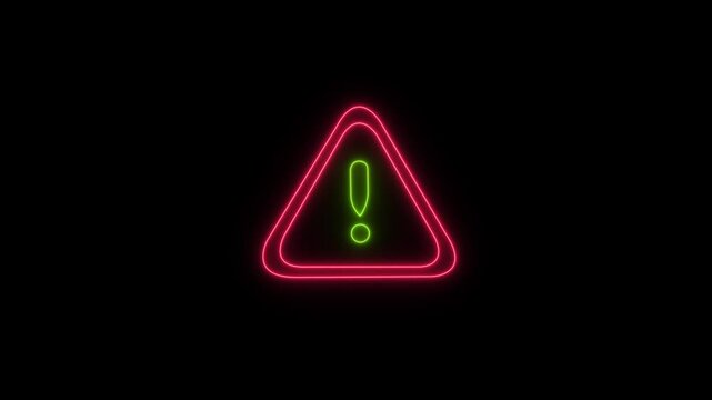 Glowing neon warning sign animation featuring a vibrant red triangular frame and a bright green exclamation point symbol isolated on a deep black background, for digital alert, and safety concepts