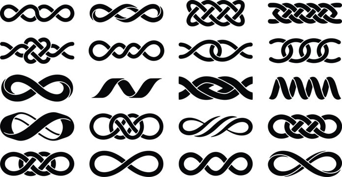 Infinity symbol collection, 20 black celtic knot icons. Endless loop vector set, decorative tribal line art for logo design and branding.