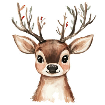 Christmas Rudolph, whimsical watercolor vector illustration with vibrant highlights and delicate strokes, isolated on a white background.