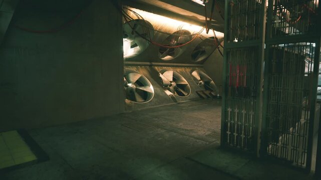 A dimly lit underground space features large ventilation fans mounted on a concrete wall. Metal grates and ducts are visible, along with industrial equipment under glowing light.
