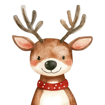 Christmas Rudolph, whimsical watercolor vector illustration with vibrant highlights and delicate strokes, isolated on a white background.