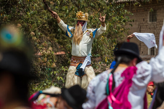 Chivo character in traditional attire performing at the cultural festival of Zuleta, Ecuador
