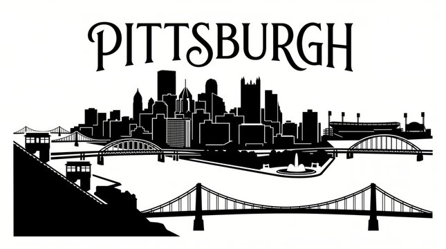 Highly detailed Pittsburgh, Pennsylvania skyline silhouette featuring the US Steel Tower, PPG Place-inspired towers, Cathedral of Learning, iconic bridges, inclines, three rivers and elegant PITTSBURG