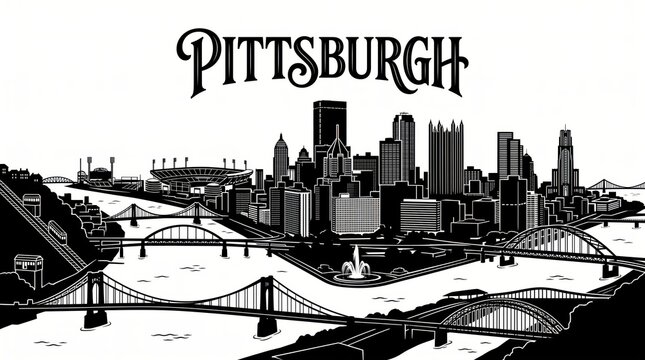 Highly detailed Pittsburgh, Pennsylvania skyline silhouette featuring the US Steel Tower, PPG Place-inspired towers, Cathedral of Learning, iconic bridges, inclines, three rivers