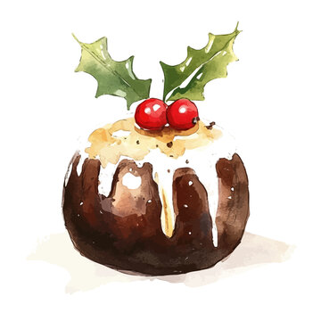watercolor draw of Christmas Pudding, isolated on a white background.